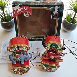 Vintage in original box electric Circus Animals Ornament Set not hung Carousel